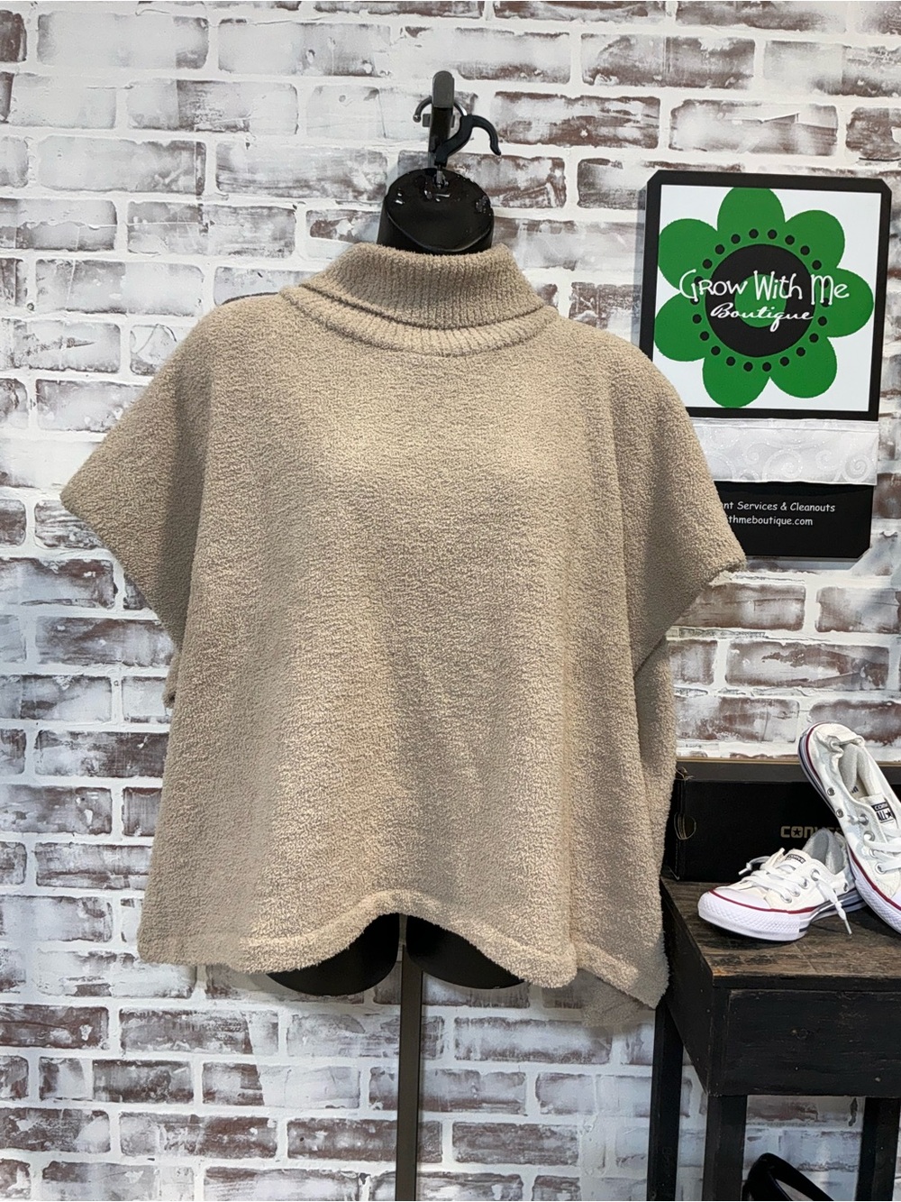 Cost Plus World Market Beige Turtleneck Poncho Sweater one size fits all